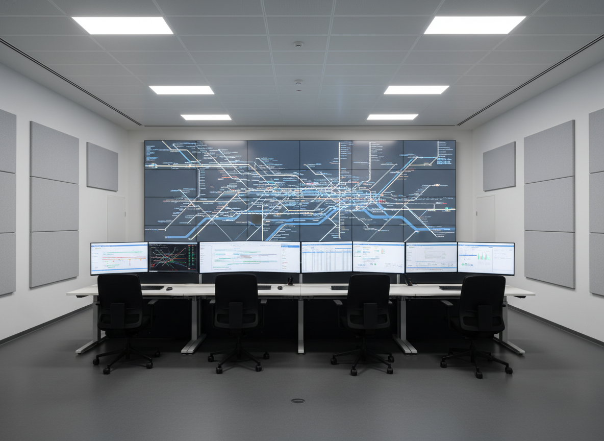 A wide-angle, photographic realism view of a modern railway operations control room, dominated by a large, wall-mounted digital panel showing a stylized railway network map in neutral blues and greys. Multiple sleek, unattended workstations with slim black monitors display Gantt charts, timetables, and project dashboards. The space features clean white walls, acoustic panels, and a matte grey floor, all aligned in a structured, corporate layout. Soft, diffused overhead LED lighting creates an even, shadow-free illumination, emphasizing clarity and order. Shot at eye level with sharp focus throughout, the composition uses balanced symmetry and clean lines to convey precision, reliability, and professional railway project management without any human presence.